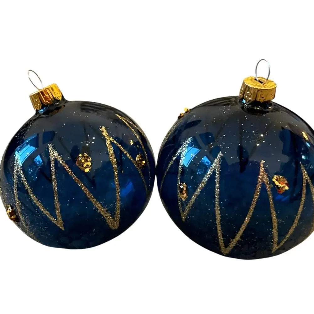 VITBIS Handcrafted Glass Ornaments Set of 6 Navy Blue & Gold Made in Poland NEW
